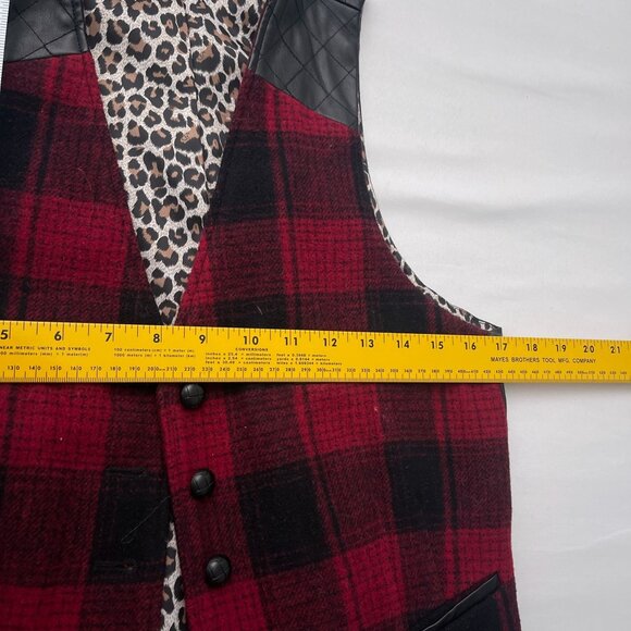 Tasha Polizzi Wool Plaid Vest Red Black Quilted Faux Leather Back Lined Womens M - Picture 8 of 10